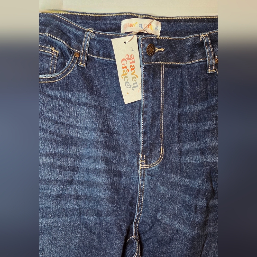 Dark Wash Flare Distressed Jeans, NWT - Picture 3 of 6